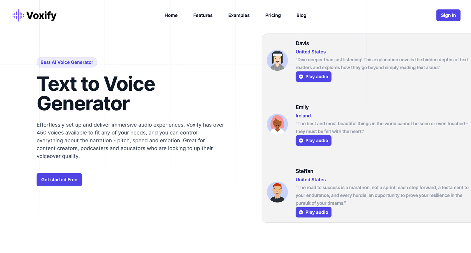 Voxify webpage showcasing text-to-voice generation with 450+ customizable voices, user testimonials, and a "Get Started Free" call-to-action button.